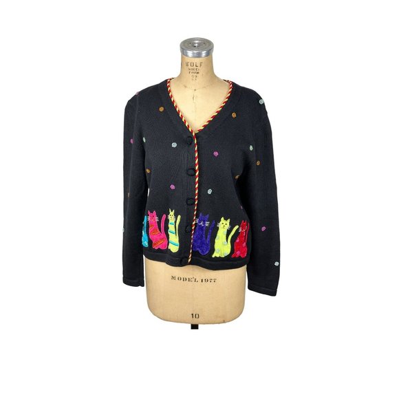 1990s Berek cat sweater with beading and applique' Size L Takako Sakon - Picture 1 of 8